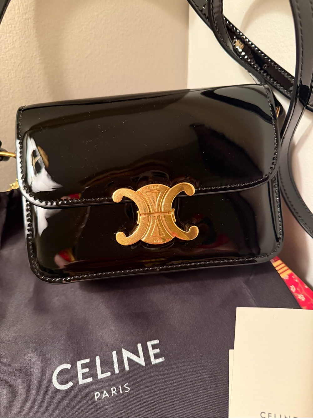 Celine Black Patent Crossbody with Gold Triomphe Closure